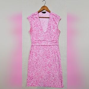BCBGMaxAzria Pink & White Modern Abstract Pattern Design V-Neck Dress‎ Size L